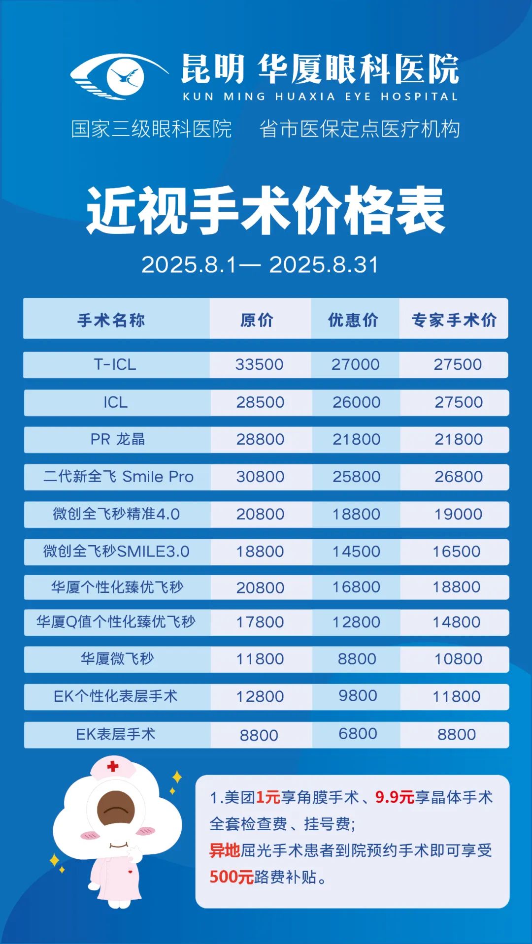 昆明华厦眼科8月近视手术价目一览，建议收藏